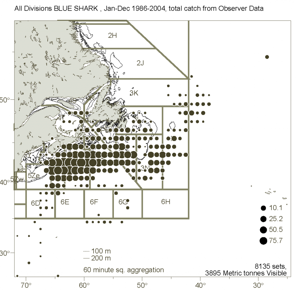 Distribution of blue sharks caught by commercial fishermen.