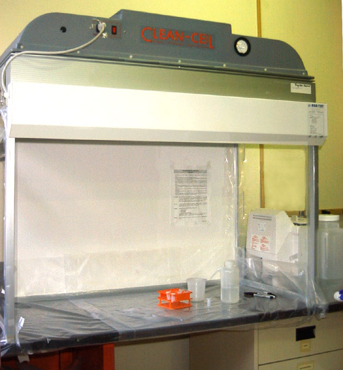 Reverse-flow fume hood (Clean Cell) used for keeping dust and contaminants off of samples